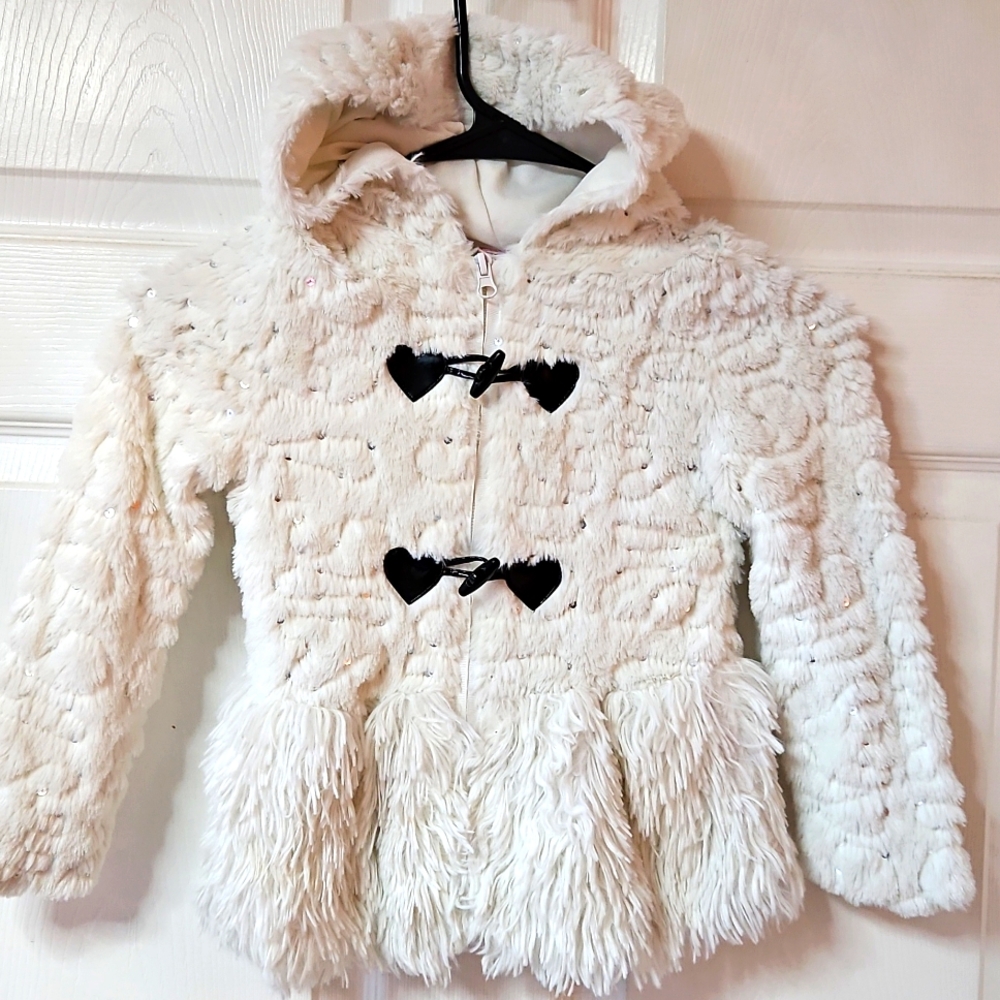 White Sparkle Sequin Zip Faux Fur Jacket Sz 6